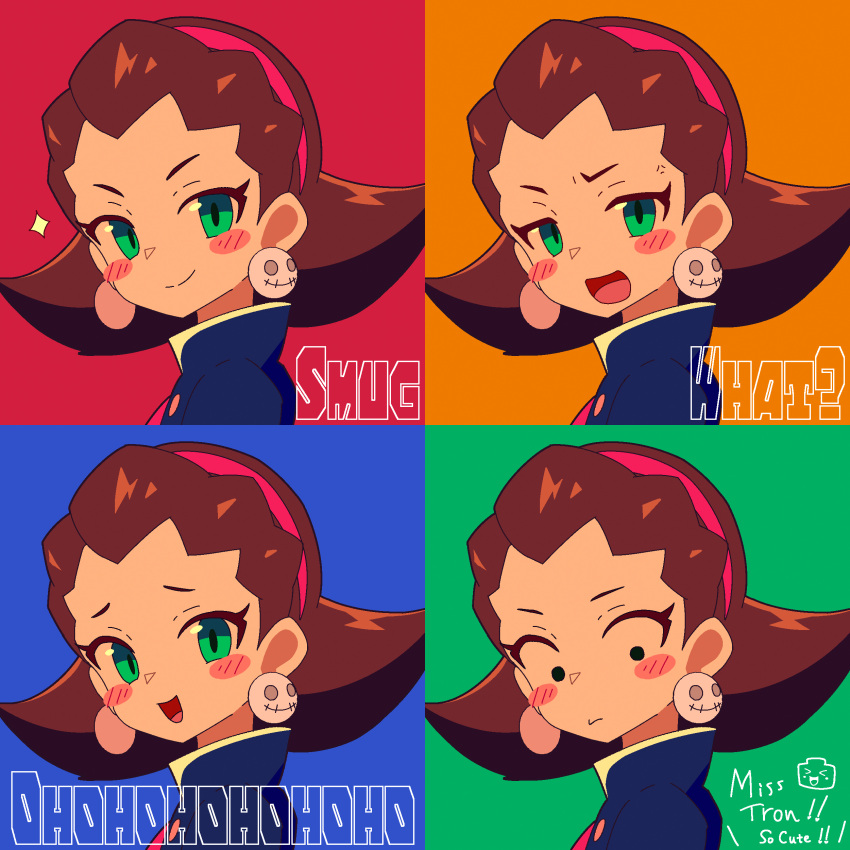 1girl absurdres blue_background blush_stickers brown_hair earrings embarrassed expression_chart green_background green_eyes highres jewelry looking_at_viewer looking_down medium_hair mega_man_(series) mega_man_legends_(series) multiple_views red_background servbot_(mega_man) skull_earrings smile smug tron_bonne_(mega_man) upper_body yellow_background yodok