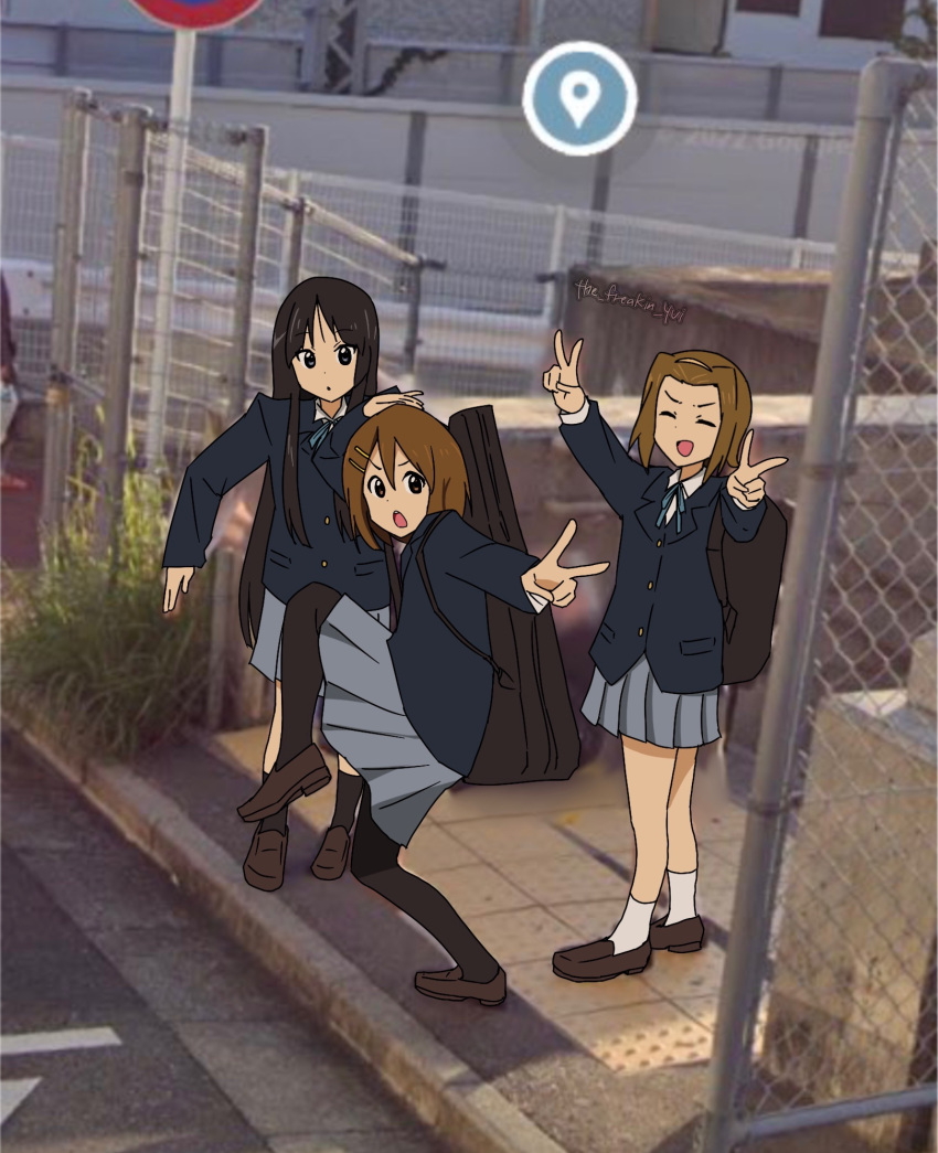3girls akiyama_mio black_eyes black_hair black_pantyhose black_socks blazer blue_jacket blue_ribbon blue_skirt brown_eyes brown_footwear brown_hair chain-link_fence closed_eyes collared_shirt double_v fence grey_skirt hair_ornament hairband hairclip high_school_girls_posing_for_google_street_view_(meme) highres hirasawa_yui instrument_case instrument_on_back jacket k-on! loafers long_hair long_sleeves meme multiple_girls neck_ribbon pantyhose photo_background pleated_skirt ribbon road_sign sakuragaoka_high_school_uniform school_uniform shirt shoes short_hair sign skirt socks standing tainaka_ritsu the_freakin_yui v white_shirt white_socks winter_uniform yellow_hairband