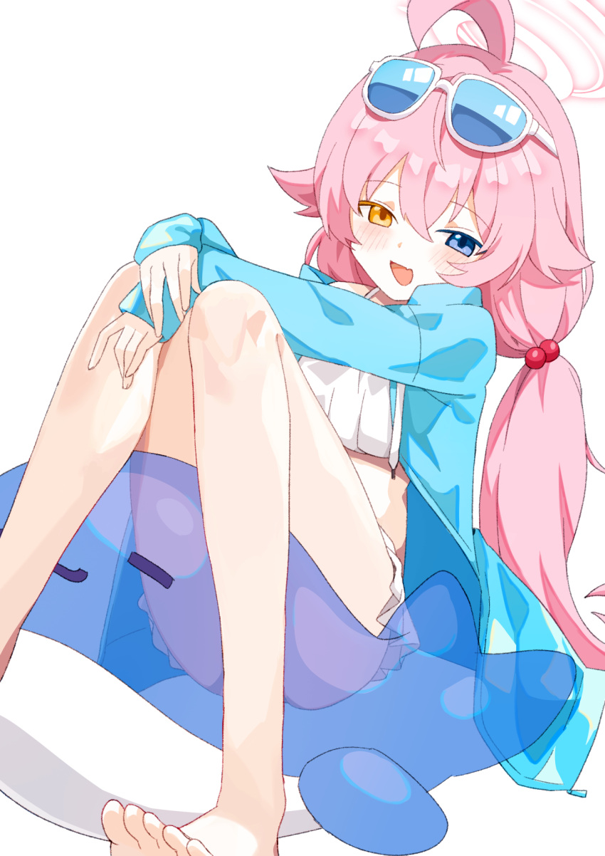 1girl :d bikini blue_archive blush commentary_request eyewear_on_head hair_bobbles hair_ornament halo heterochromia highres hoshino_(blue_archive) hoshino_(swimsuit)_(blue_archive) legs long_hair looking_at_viewer low_twintails official_alternate_costume open_mouth pink_hair pink_halo ro/ku simple_background sitting smile solo sunglasses swimsuit twintails white_background white_bikini