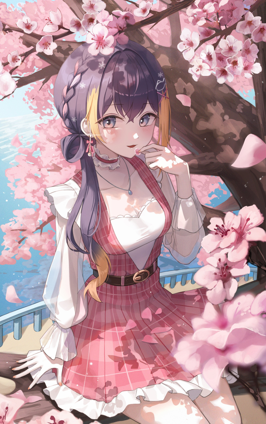 1girl absurdres black_hair blonde_hair blush bow bow_earrings braid breasts cherry_blossoms commentary_request dress earrings falling_petals fish_hair_ornament hair_ornament highres holding holding_petal jewelry long_sleeves low_side_ponytail medium_breasts multicolored_hair necklace nijisanji nijisanji_en official_alternate_costume open_mouth petals petra_gurin petra_gurin_(3rd_costume) plaid plaid_dress puffy_long_sleeves puffy_sleeves red_dress redhead see-through see-through_sleeves seina_106 sitting smile snowflake_hair_ornament solo streaked_hair tree virtual_youtuber white_hair