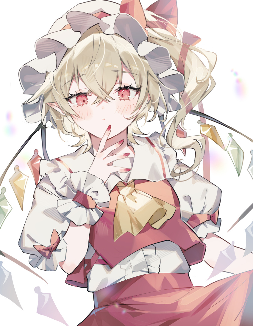 1girl ascot blonde_hair blush cowboy_shot crystal_wings dress flandre_scarlet hat highres mob_cap pointy_ears puffy_short_sleeves puffy_sleeves red_dress red_nails short_sleeves side_ponytail simple_background solo sorani_(kaeru0768) touhou white_background wrist_cuffs yellow_ascot