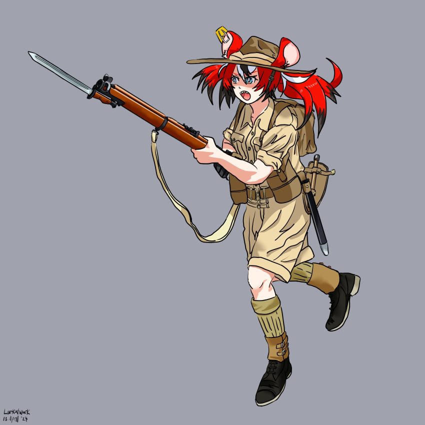 1girl animal_ears bayonet belt black_hair blue_eyes bolt_action boots brown_footwear dated english_commentary full_body grey_background gun hair_ornament hakos_baelz hat highres holding holding_gun holding_weapon hololive hololive_english lee-enfield long_hair long_sleeves lurkatwurk military military_uniform mouse_ears mouse_girl mousetrap multicolored_hair open_mouth pouch redhead rifle running scabbard sharp_teeth sheath shirt shoes signature simple_background smle socks solo standing streaked_hair teeth twintails uniform virtual_youtuber weapon white_hair world_war_i