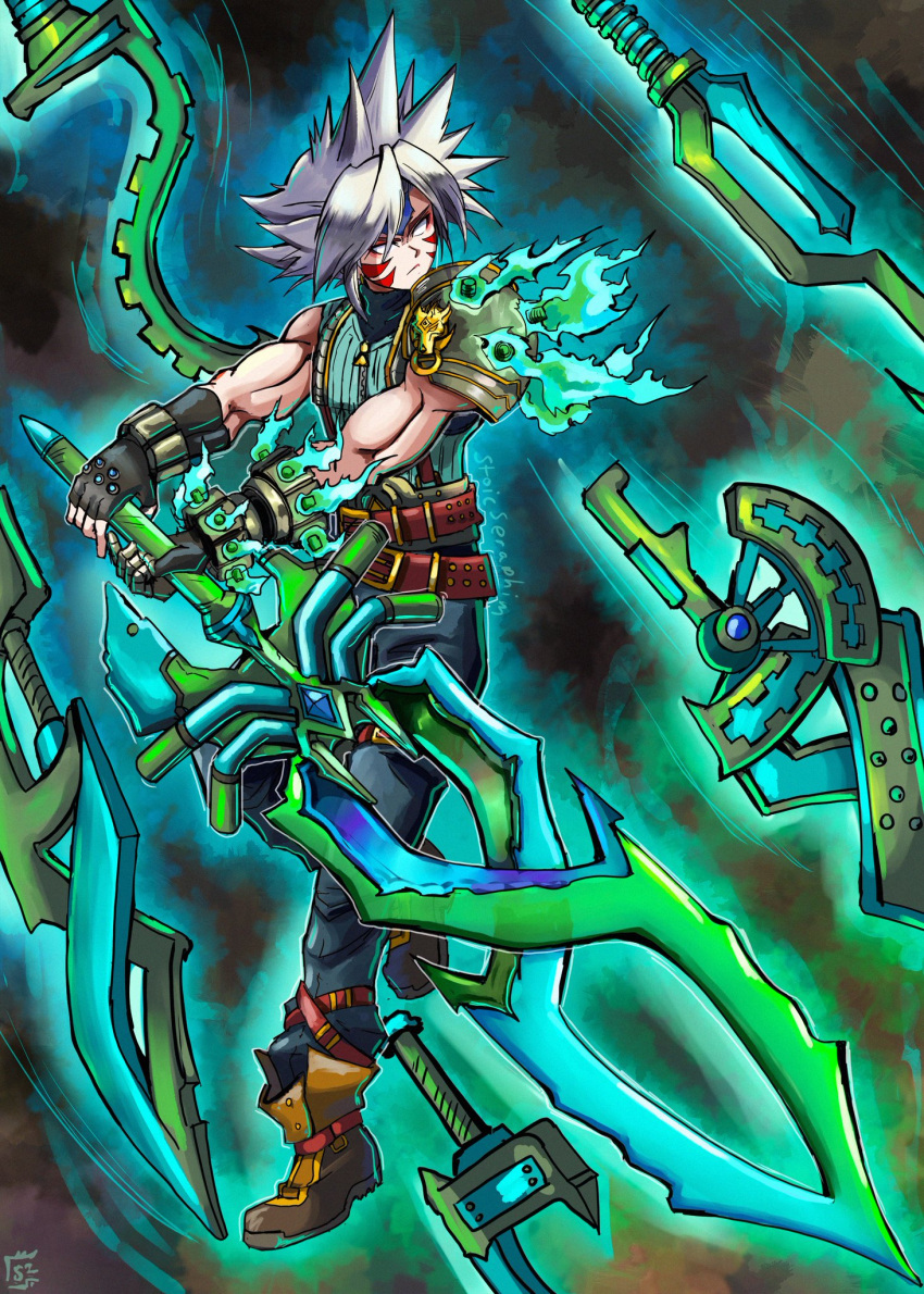 alternate_color alternate_costume alternate_eye_color alternate_hair_color alternate_weapon armor aura belt blue_gemstone boots cloud_strife corruption crescent crossover dark_persona double_helix ear_piercing facial_tattoo fierce_deity final_fantasy final_fantasy_vii fingerless_gloves frown gem gloves glowing highres holding holding_sword holding_weapon looking_to_the_side muscular non-web_source pauldrons piercing possessed short_hair shoulder_armor single_pauldron spiky_hair stoic_seraphim super_smash_bros. sword tattoo the_legend_of_zelda the_legend_of_zelda:_majora's_mask triangle weapon white_hair wrist_guards zipper