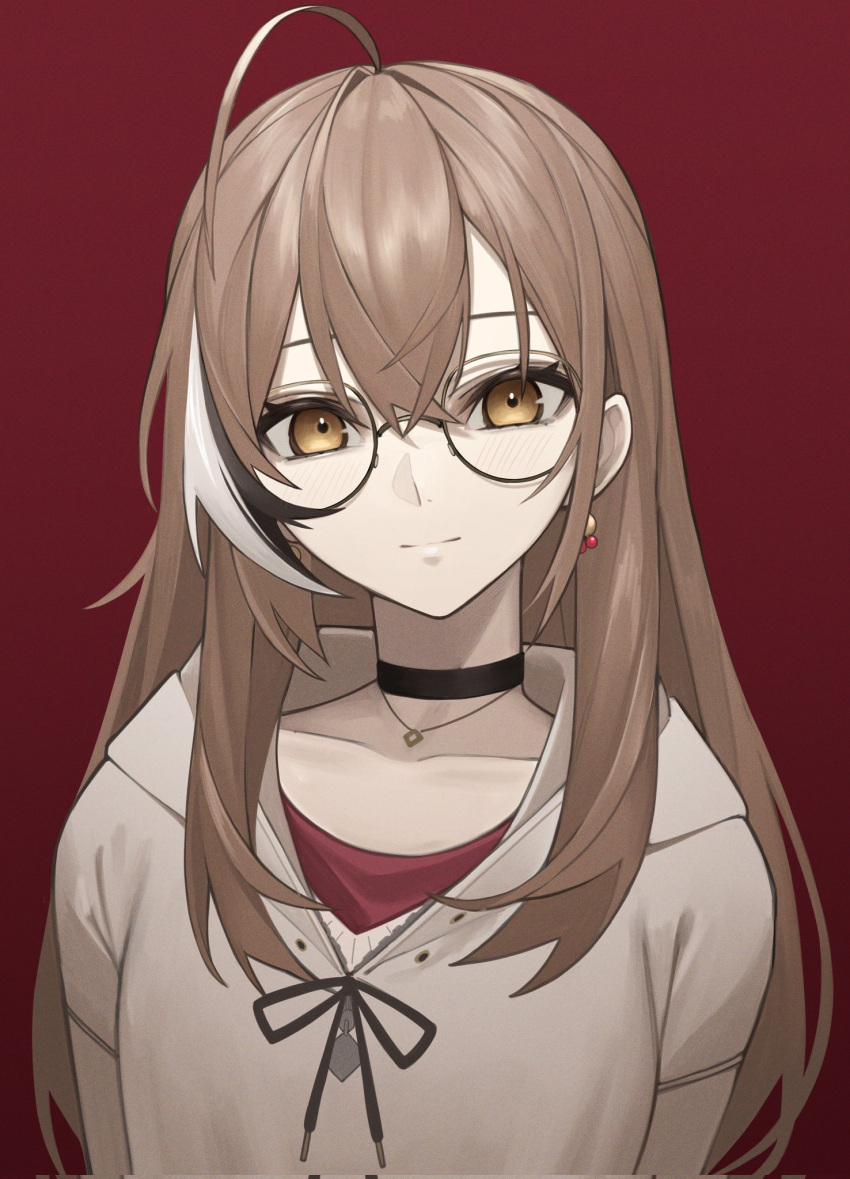 1girl apicium berry black_choker brown_eyes brown_hair brown_hoodie choker crossed_bangs double-parted_bangs earrings food-themed_earrings glasses hair_between_eyes highres hololive hololive_english hood hoodie jewelry looking_at_viewer multicolored_hair nanashi_mumei nanashi_mumei_(casual) necklace portrait red_background red_shirt round_eyewear shirt smile streaked_hair sweater virtual_youtuber white_sweater