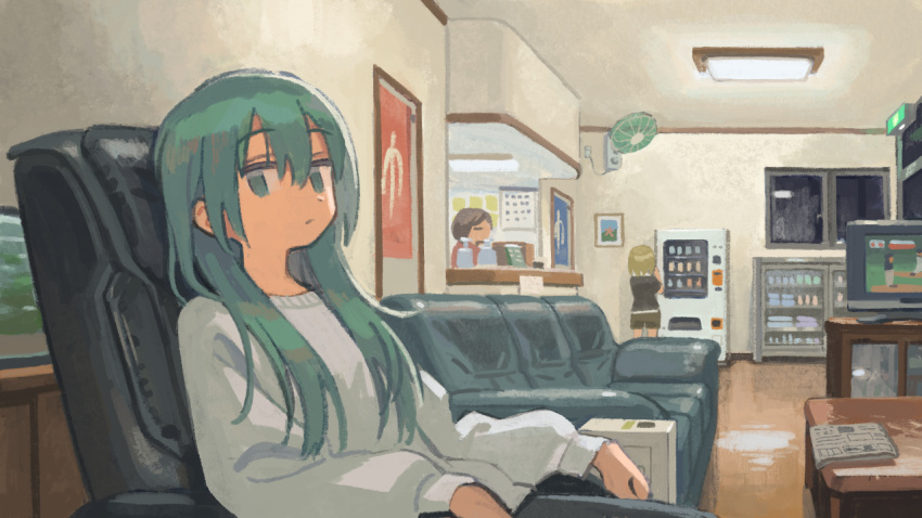 arm_rest armchair bathhouse blue_eyes blue_hair chair closed_mouth commentary_request couch easy_chair electric_fan from_side hair_down hatsune_miku indoors long_hair looking_at_viewer muji_(uimss) multiple_girls newspaper night on_chair sitting solo_focus sweater table television vending_machine vocaloid white_sweater