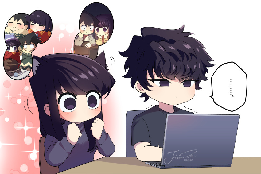 1girl 2boys absurdres animal_ear_fluff animal_ears black_hair brother_and_sister cat_ears chair chibi closed_mouth commentary computer desk highres j_humbo komi-san_wa_komyushou_desu komi_shouko komi_shousuke laptop long_hair long_sleeves looking_to_the_side messy_hair motion_lines multiple_boys no_mouth no_nose purple_hair shirt short_hair siblings sweater symbol-only_commentary tadano_hitohito trembling turtleneck turtleneck_sweater upper_body violet_eyes