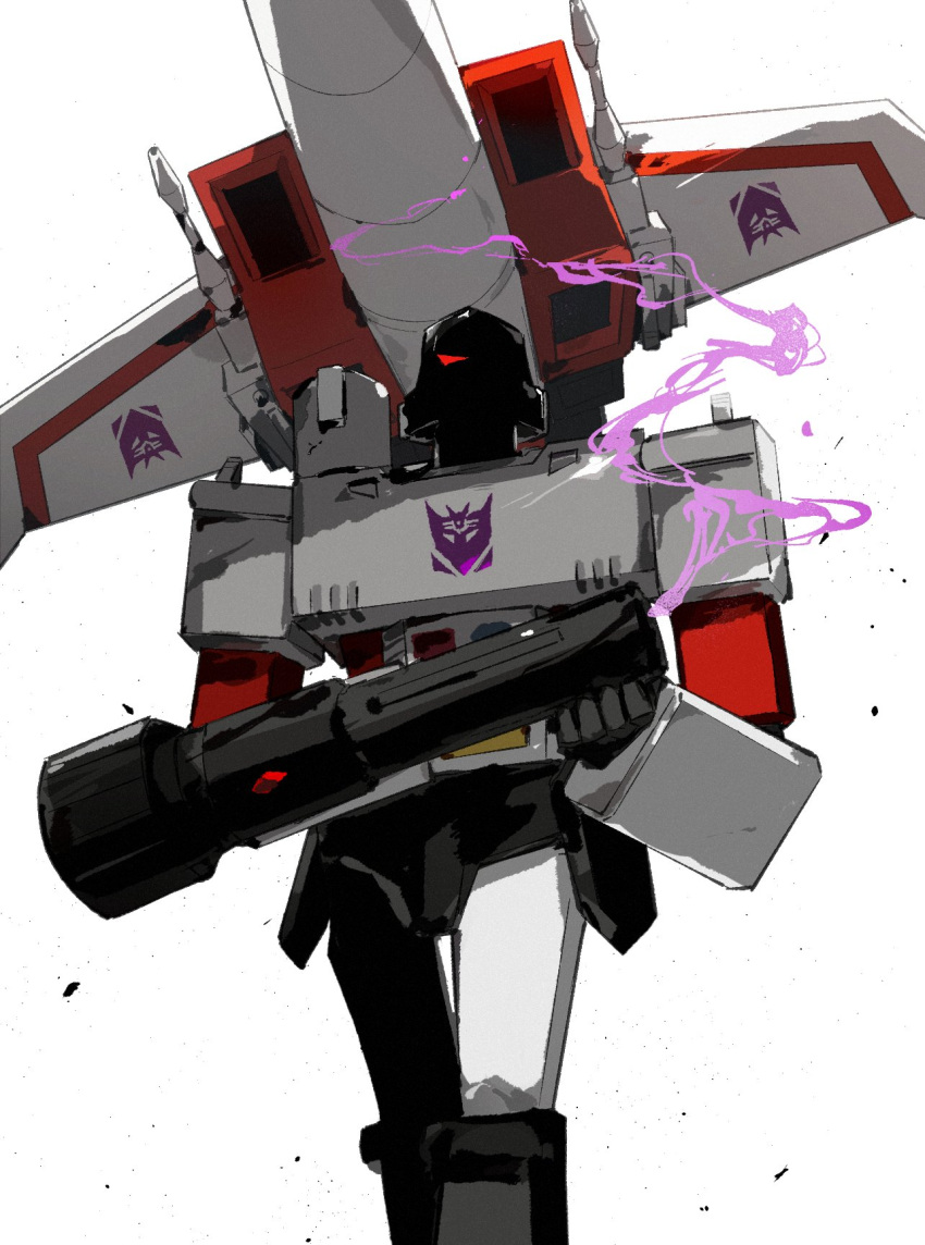 aircraft airplane arm_cannon decepticon fighter_jet flying gun highres jet mecha mecha_focus megatron military_vehicle no_humans one_eye_covered red_eyes robot science_fiction simple_background smoke smoking_gun starscream transformers transformers:_generation_1 walking weapon white_background zenzai_666