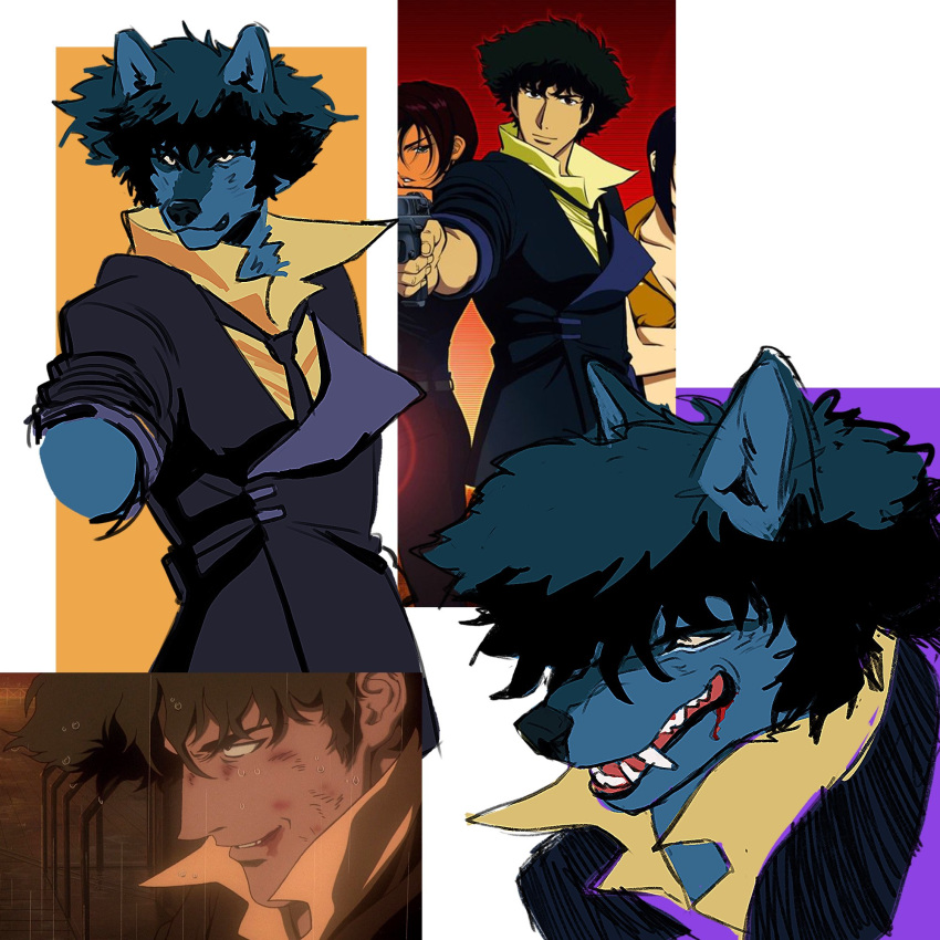 1boy 2girls animal_ears black_coat black_eyes blood blood_from_mouth blue_fur blue_hair body_fur closed_mouth coat cowboy_bebop cropped_torso english_commentary furrification furry furry_male highres looking_at_viewer lostbluejay male_focus multiple_girls open_mouth reference_inset screenshot_inset short_hair smile spike_spiegel upper_body white_background wolf_boy wolf_ears