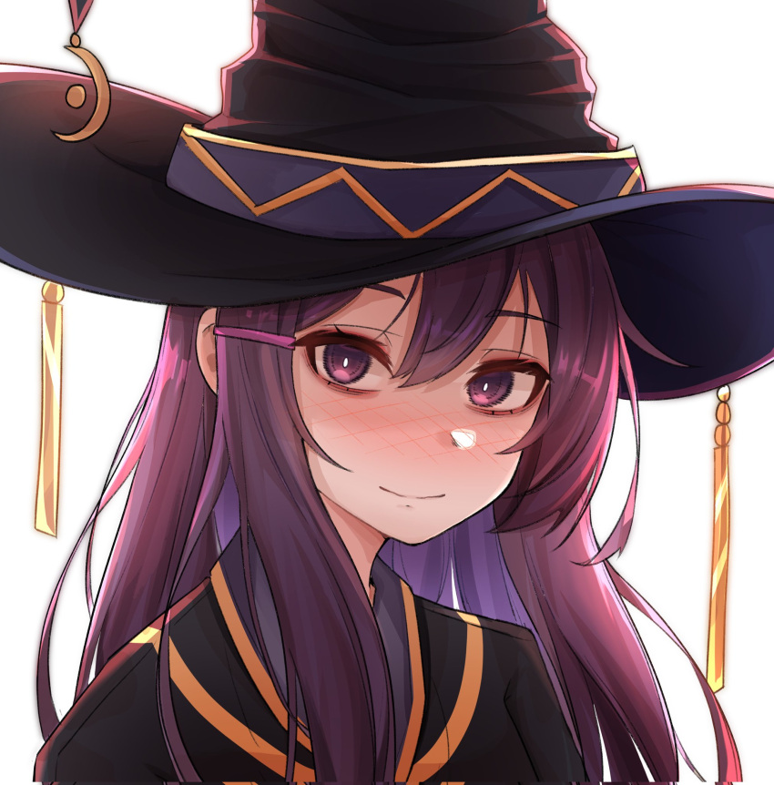 1girl alternate_costume black_dress black_hat blush bright_pupils close-up closed_mouth commentary commission crescent crescent_hat_ornament doki_doki_literature_club dress hair_between_eyes hair_ornament hair_over_shoulder hairclip hat hat_ornament highres himalay39535136 korean_commentary long_hair looking_at_viewer nose_blush portrait purple_hair second-party_source simple_background smile solo tassel violet_eyes white_background white_pupils witch witch_hat yuri_(doki_doki_literature_club)