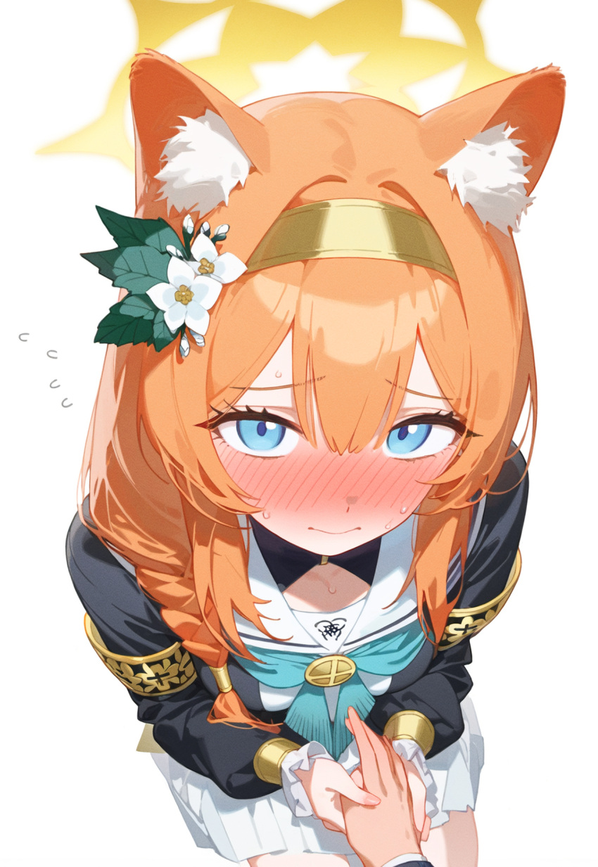 1girl animal_ear_fluff animal_ears blue_archive blue_eyes blush breasts closed_mouth flower hair_between_eyes hair_flower hair_ornament hairband halo highres holding_hands long_hair long_sleeves looking_at_viewer mari_(blue_archive) myuto12345 nun orange_hair simple_background solo white_background white_flower yellow_halo