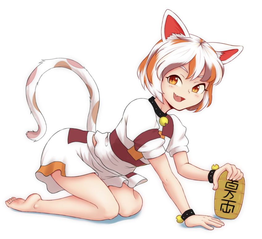 1girl :d animal_ears bare_legs barefoot bell breasts brown_hair calico cat_ears cat_girl cat_tail coin fang full_body gold goutokuji_mike happy highres jingle_bell looking_at_viewer maneki-neko midriff_peek multicolored_clothes multicolored_shirt multicolored_shorts multicolored_tail neck_bell open_mouth orange_eyes orange_hair patch patchwork_clothes puffy_short_sleeves puffy_sleeves revenge_(vengerezn) short_hair short_sleeves shorts simple_background small_breasts smile solo tail touhou white_background white_hair