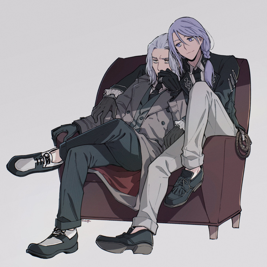 2boys alternate_costume arm_around_shoulder arm_rest armchair black_footwear black_gloves black_jacket black_necktie blue_pants braid buttons chair coat collared_shirt commentary contemporary covered_mouth crossed_legs emet-selch final_fantasy final_fantasy_xiv frilled_sleeves frills frown full_body furrowed_brow gloves grey_coat grey_gloves hand_on_own_face highres hythlodaeus jacket knee_up looking_at_another male_focus medium_hair multiple_boys necktie on_chair pants purple_hair radoge14 shared_chair shirt shoes side_braid simple_background single_braid sitting smile violet_eyes white_background white_hair white_pants white_shirt yellow_eyes