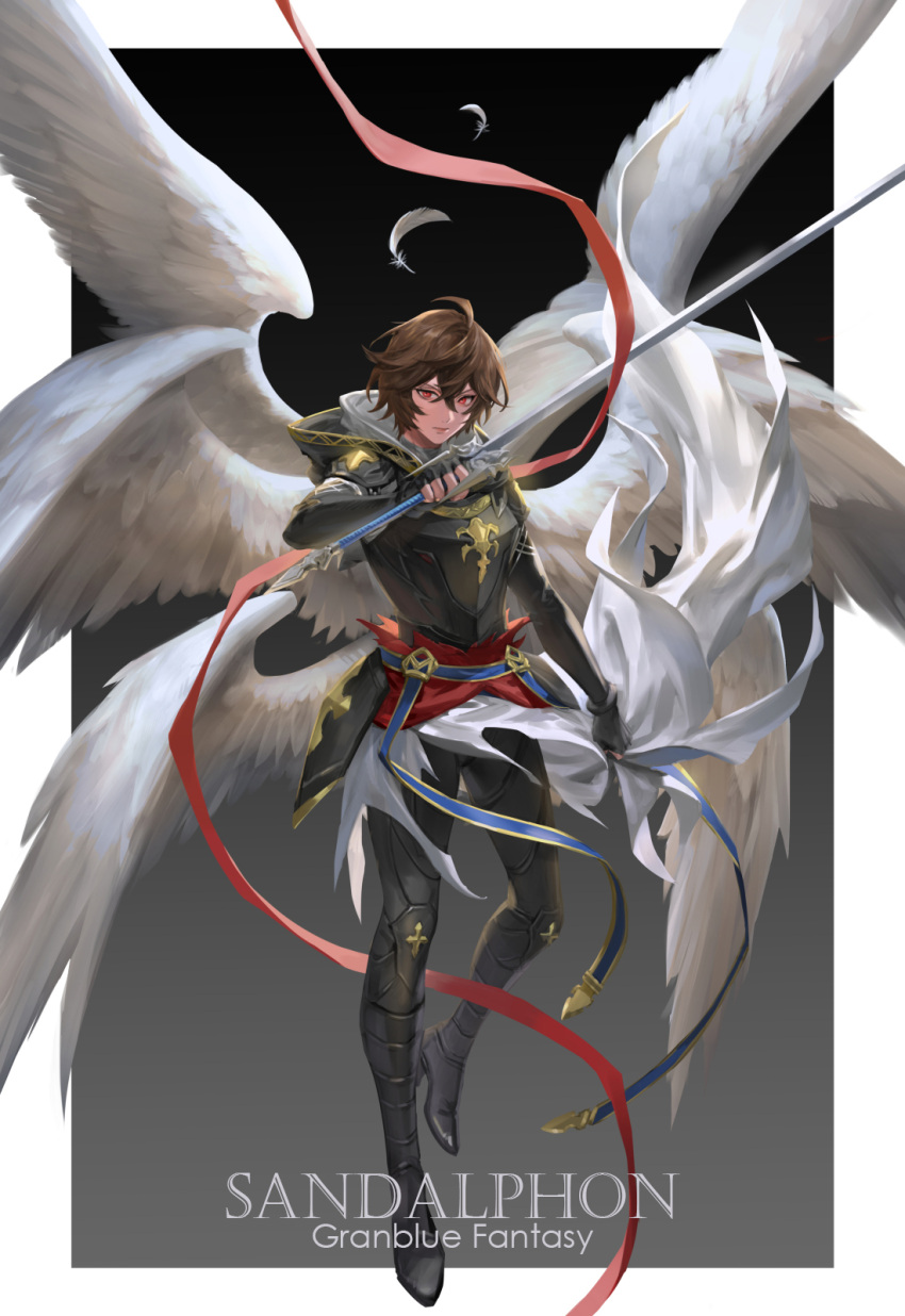 1boy ahoge armor belt blue_belt boots breastplate brown_hair commentary commentary_request english_text expressionless falling_feathers feathered_wings feathers fingerless_gloves floating_cape floating_clothes full_body gloves gradient_background granblue_fantasy hair_between_eyes high_heel_boots high_heels highres hip_armor holding holding_sword holding_weapon hood hood_down leather leather_pants looking_at_viewer male_focus messy_hair pants red_eyes red_ribbon ribbon sandalphon_(granblue_fantasy) short_hair solo_focus sword tight_clothes tight_pants tki turtleneck weapon white_feathers white_wings wings