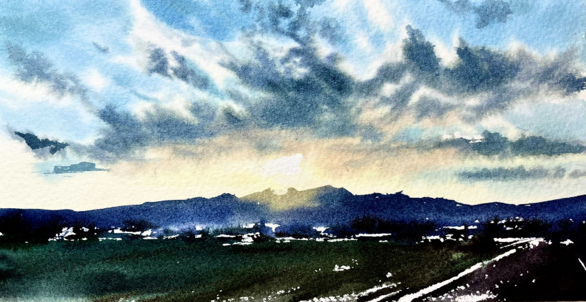 blue_sky clouds cloudy_sky grass highres morning mountain mountainous_horizon no_humans original painting_(medium) realistic rural shibakaka sky sunlight sunrise traditional_media watercolor_(medium)