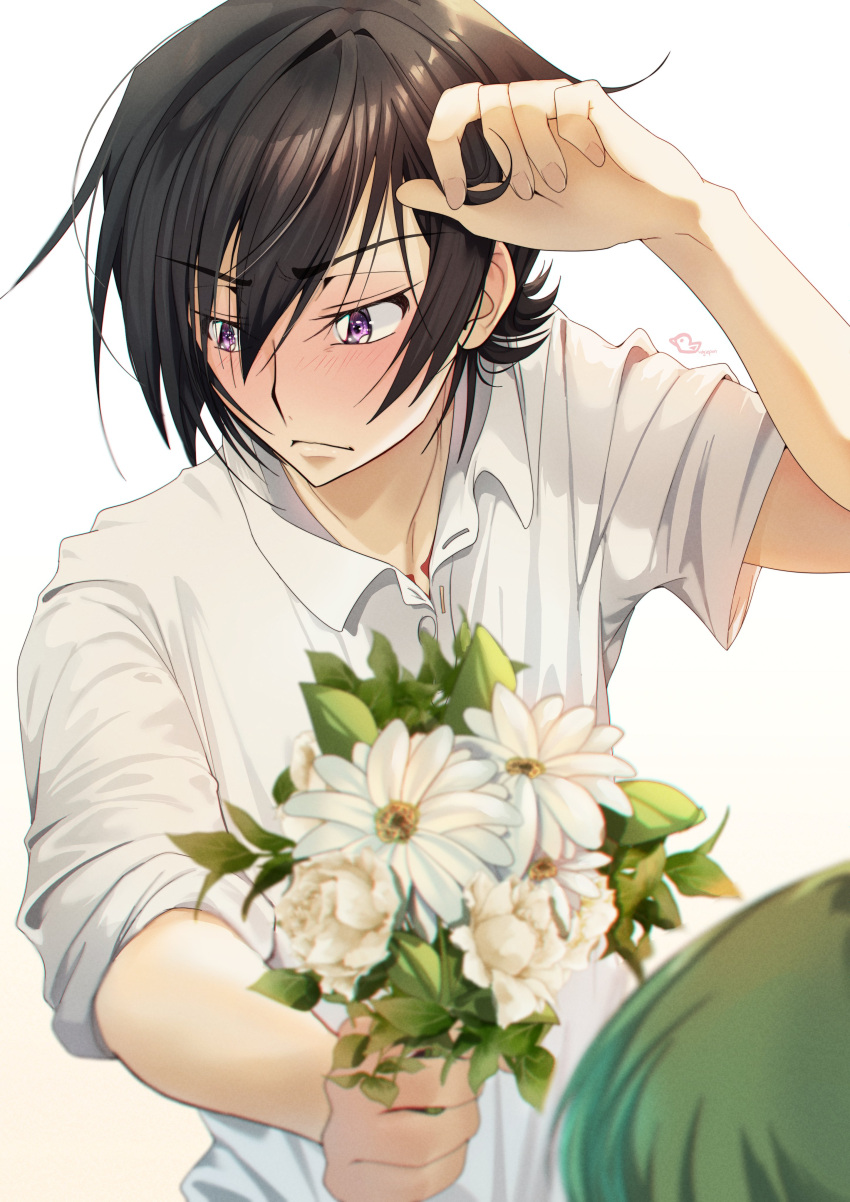 &gt;:( 1boy 1girl absurdres arm_up black_hair blurry blush bouquet budgiepon c.c. closed_mouth code_geass collared_shirt commentary depth_of_field dress_shirt embarrassed fingernails flower frown hair_between_eyes hand_up hetero highres holding holding_bouquet leaf lelouch_vi_britannia looking_to_the_side male_focus nose nose_blush shirt short_hair signature simple_background sleeves_rolled_up solo_focus v-shaped_eyebrows violet_eyes white_background white_day white_flower white_shirt