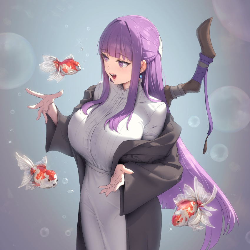 1girl black_robe blunt_bangs breasts bubble dress earrings fern_(sousou_no_frieren) fish highres jewelry koi large_breasts mage_staff muloli open_hands open_mouth purple_hair purple_pupils robe solo sousou_no_frieren straight_hair violet_eyes white_dress