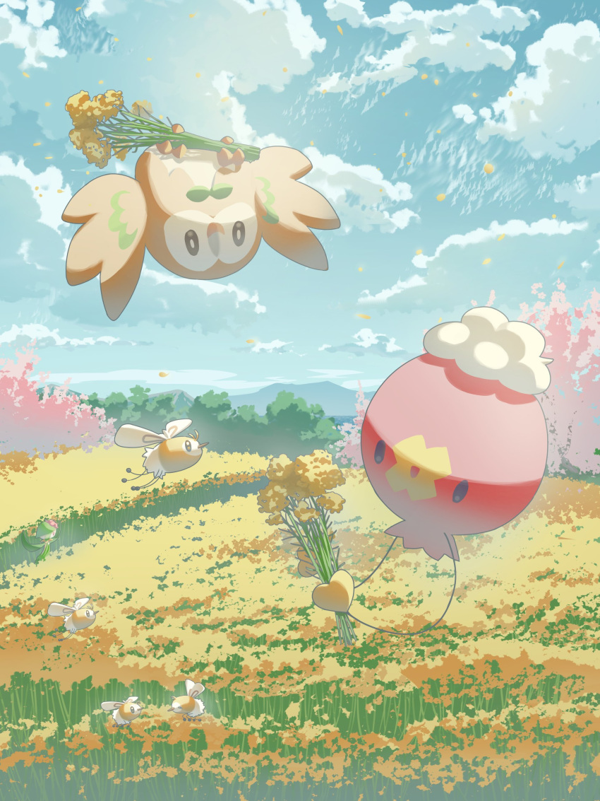 :d absurdres clouds commentary_request cutiefly day drifloon field flower flower_field flying highres hisuian_lilligant holding mokukitusui no_humans open_mouth outdoors pokemon pokemon_(creature) rowlet sky smile yellow_flower