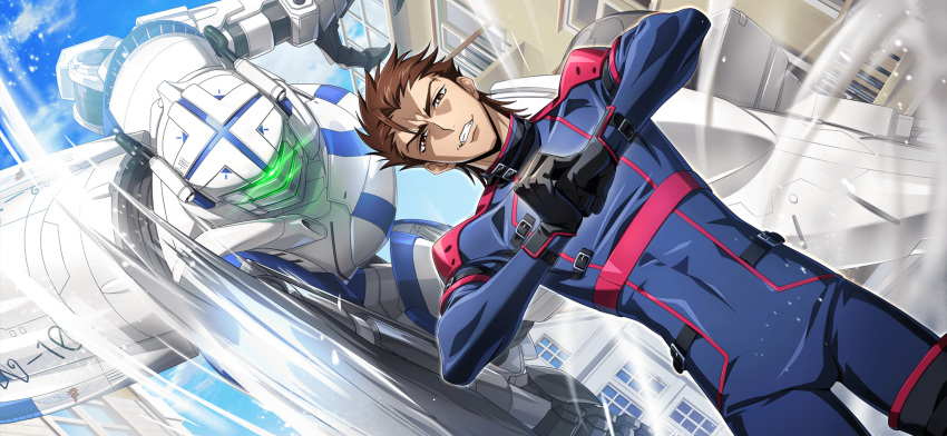 1boy alexander_type-02 artist_request blue_bodysuit blue_sky bodysuit brown_eyes brown_hair clenched_hand clouds code_geass code_geass:_lost_stories covered_navel cowboy_shot cracking_knuckles day dust dutch_angle forehead game_cg grin hands_up happy highres looking_at_viewer male_focus mecha non-web_source official_art outdoors own_hands_together robot sayama_ryou short_hair skin_tight sky smear_frame smile solo spiky_hair standing teeth v-shaped_eyebrows