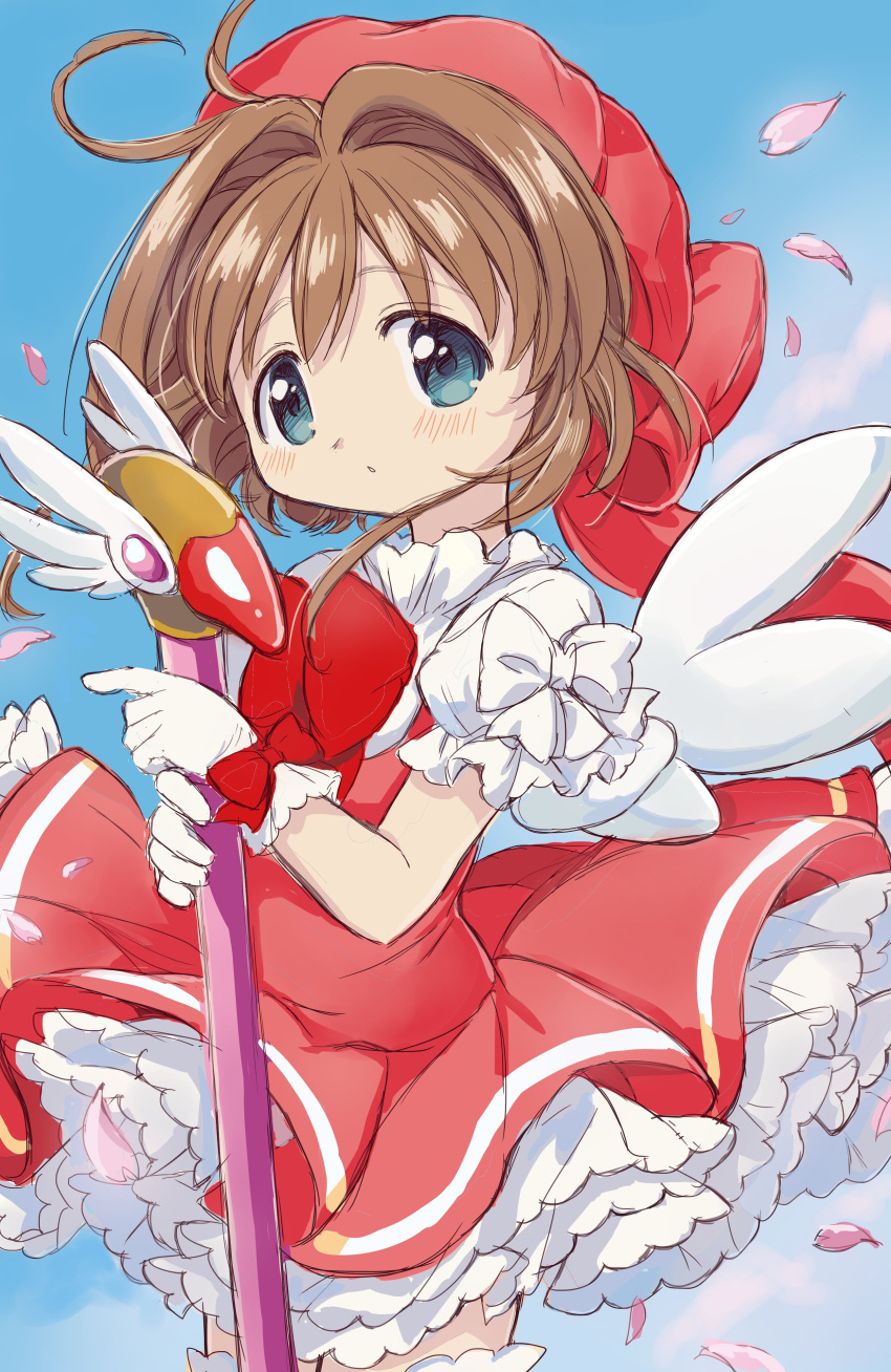 1girl absurdres aoki_ume_(style) blue_eyes blue_sky blush brown_hair cardcaptor_sakura commentary_request dress expressionless fuuin_no_tsue gloves hat highres hitode holding holding_wand kinomoto_sakura looking_at_viewer magical_girl petals sky solo wand white_gloves