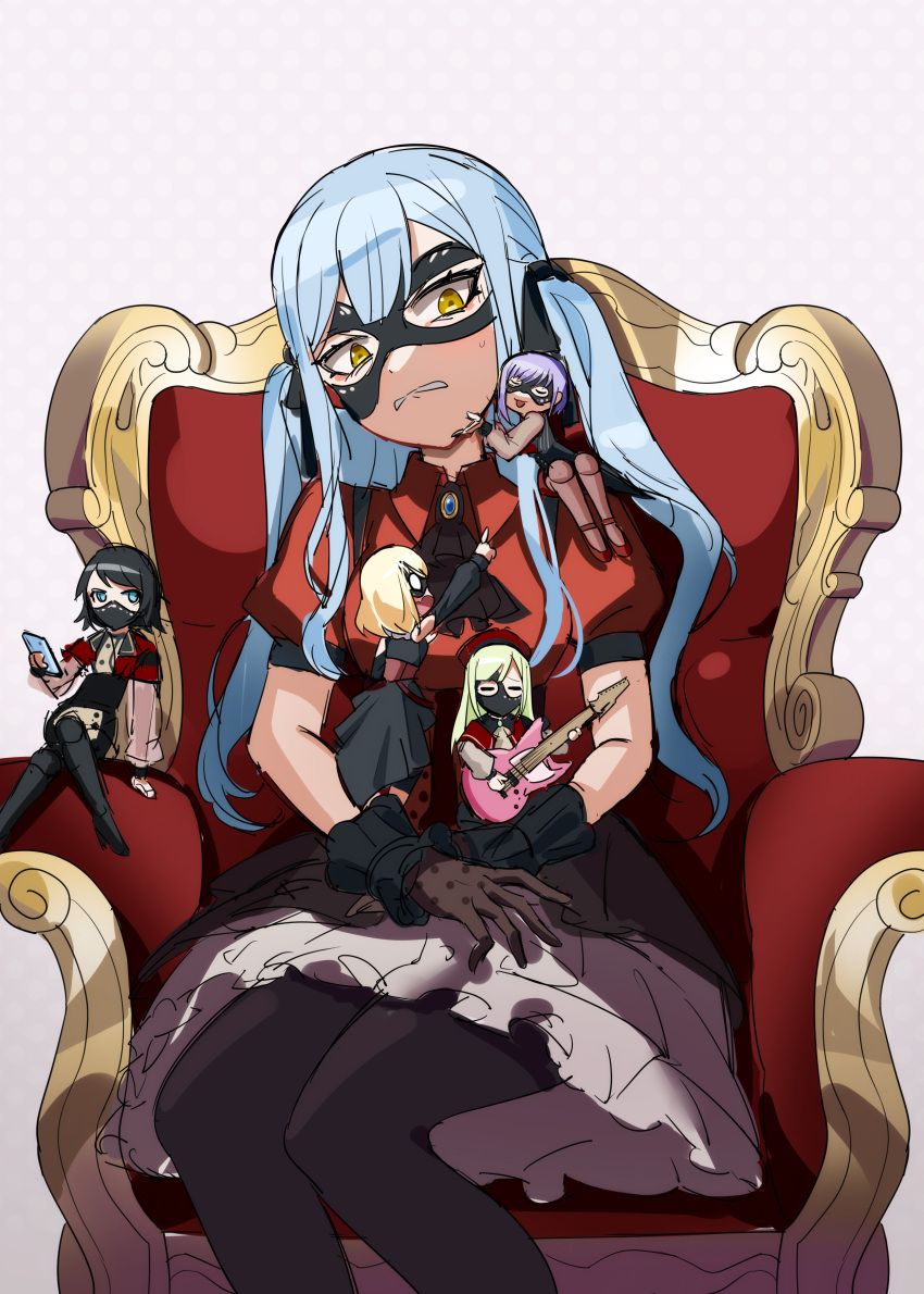5girls absurdres armchair ave_mujica_(bang_dream!) bang_dream! bang_dream!_it's_mygo!!!!! black_gloves black_hair black_mask black_pantyhose black_ribbon blonde_hair blue_hair chair collared_shirt commentary_request dated_commentary domino_mask electric_guitar gloves green_hair grey_background guitar hair_ribbon highres holding holding_guitar holding_instrument holding_phone instrument long_hair mask medium_hair mini_person minigirl misumi_uika mouth_mask multiple_girls on_chair pantyhose parted_lips phone pointing purple_hair red_shirt ribbon shirt short_sleeves sitting sweat togawa_sakiko twintails two_side_up wakaba_mutsumi yahata_umiri yuutenji_nyamu yzj21333