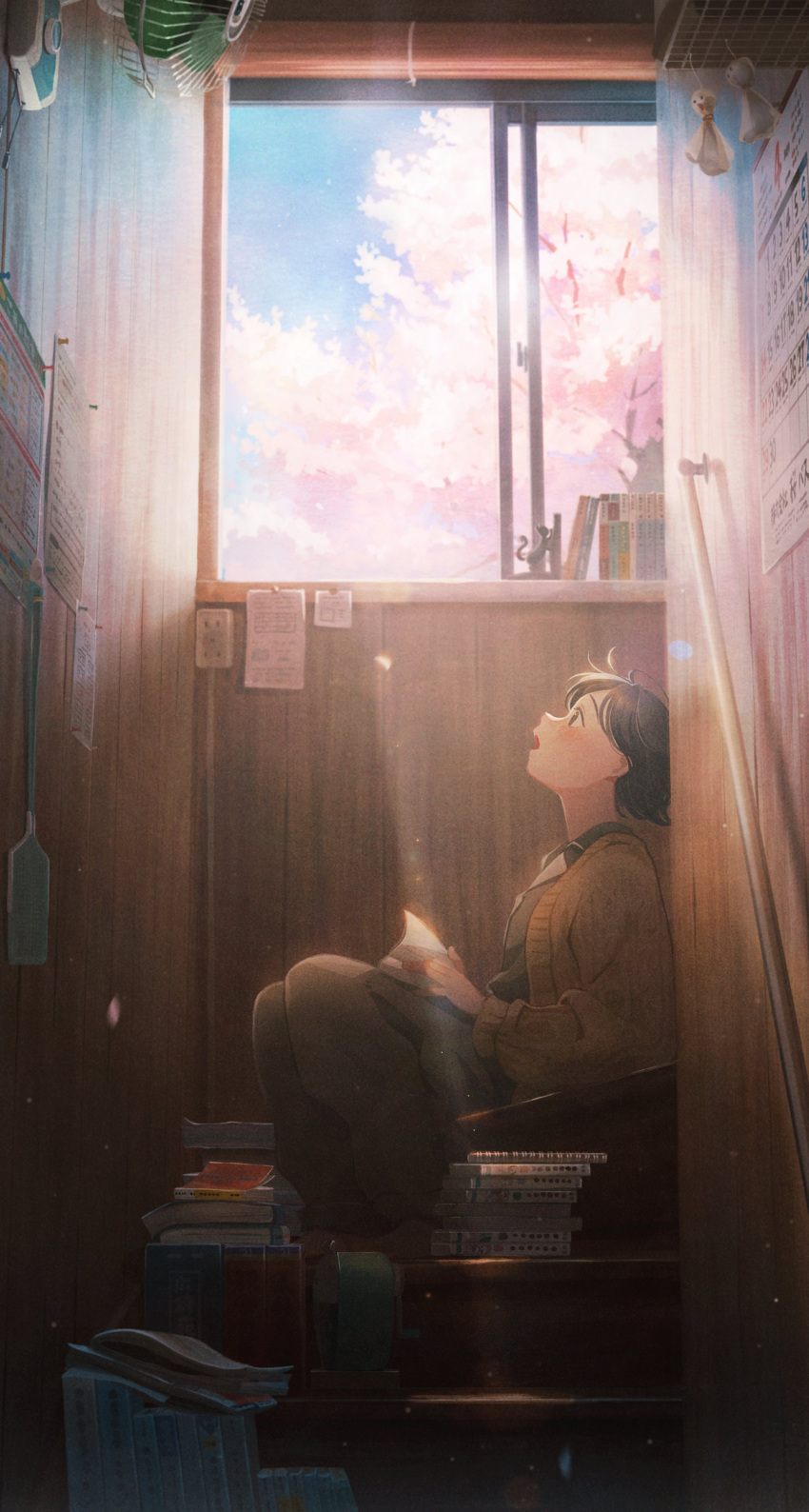 1girl absurdres black_shirt blush book cardigan cherry_blossoms collared_shirt electric_fan from_side highres looking_up open_mouth original pants paper parted_bangs shirt short_hair solo stairs thumbtack tsujin_bohboh window wooden_wall