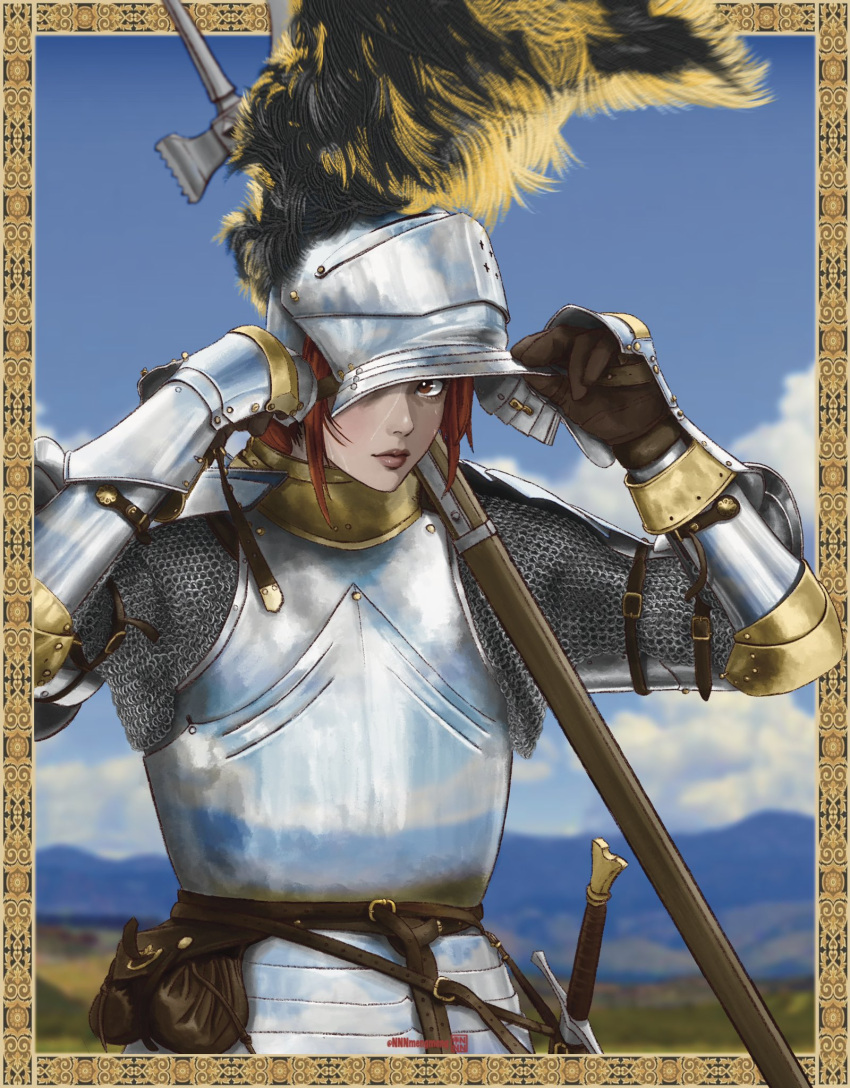 1girl armor blue_sky brown_eyes brown_gloves chainmail clouds gloves highres knight leather leather_belt leather_gloves mountain nnnmengmeng original plate_armor plume pouch redhead scar scar_on_face sky sweat sword upper_body war_hammer weapon