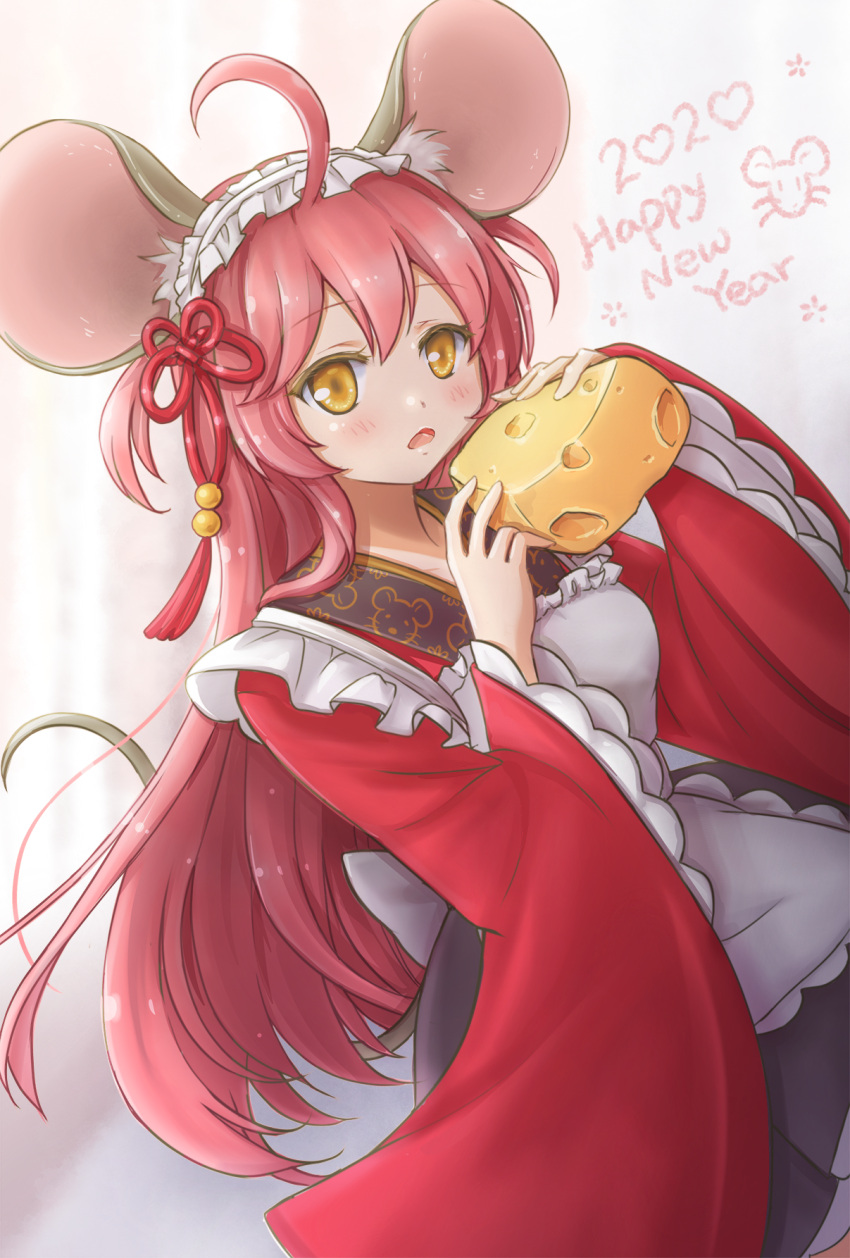 1girl 2020 ahoge animal_ears apron artist_self-insert blush cheese chinese_commentary commentary_request dutch_angle flower_knot food happy_new_year highres holding holding_food japanese_clothes kemonomimi_mode kimono long_hair looking_at_viewer maid_apron maid_headdress mizuki_(mizuki0929) mouse_ears mouse_girl mouse_tail open_mouth original red_kimono redhead solo tail very_long_hair yellow_eyes
