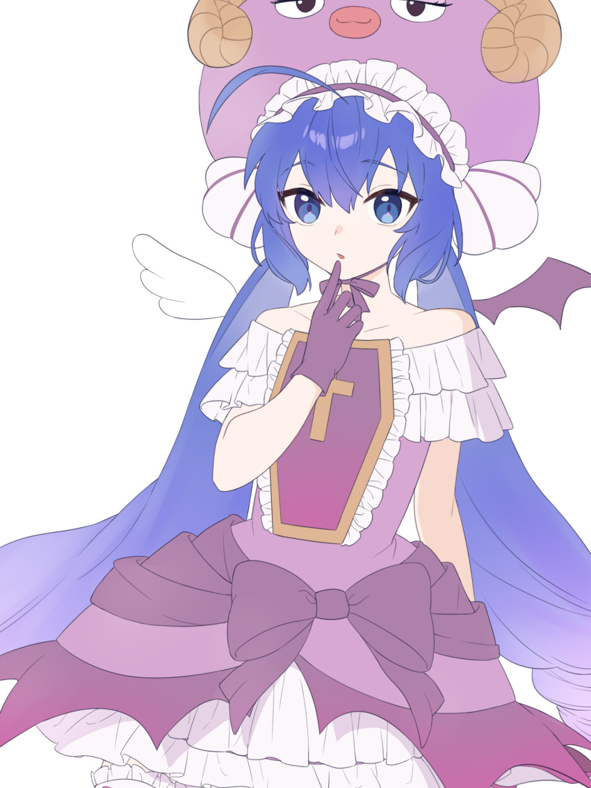 1girl ahoge alternate_costume angel_wings animal_hat arm_behind_back bare_shoulders blue_eyes blue_hair bow center_frills collarbone cross demon_wings dress dress_bow frilled_dress frilled_hat frilled_sleeves frills gloves gradient_hair hair_between_eyes hat highres index_finger_raised large_hat long_hair looking_at_viewer low-braided_long_hair low-tied_long_hair low_twintails mismatched_wings multicolored_hair off-shoulder_dress off_shoulder otomachi_una parted_lips purple_bow purple_dress purple_gloves purple_hair purple_hat purple_ribbon purple_wings ribbon short_sleeves suiso_sn3 twintails very_long_hair vocaloid white_background white_wings wings
