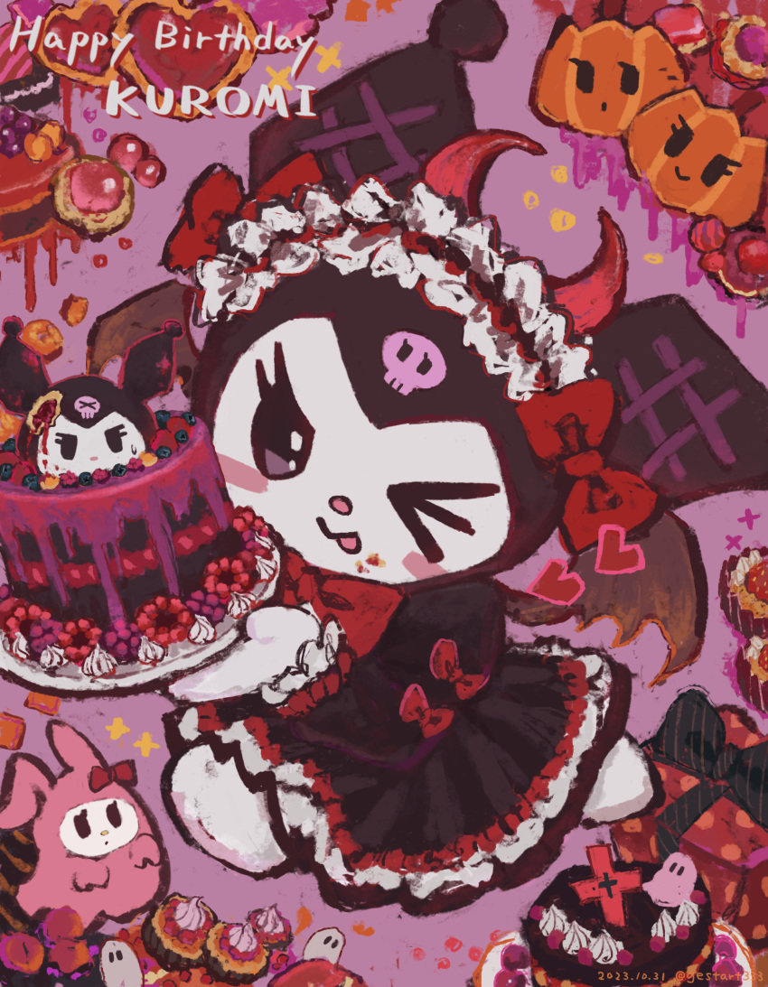 2girls ;p absurdres animal_ears artist_name bat_wings black_dress black_eyes blush_stickers bow cake closed_mouth commentary_request cookie creature dated demon_horns dessert dress dress_bow food full_body gestart333 ghost gift gothic_lolita happy_birthday heart highres holding holding_plate horns kuromi lolita_fashion looking_at_viewer maid_headdress multicolored_eyes multiple_girls my_melody one_eye_closed onegai_my_melody plate purple_background rabbit_ears red_bow sanrio skull_print smile sweets tongue tongue_out twitter_username violet_eyes wings