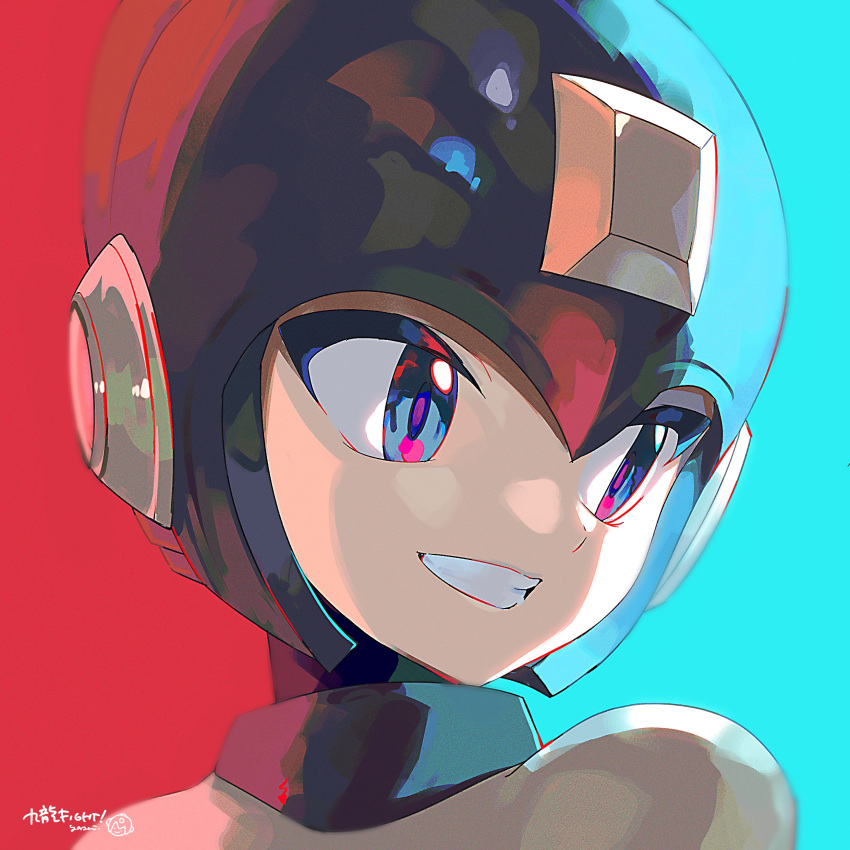 1boy absurdres android blue_helmet bodysuit commentary grin hashtag-only_commentary helmet highres limited_palette looking_to_the_side male_focus mega_man_(character) mega_man_(classic) mega_man_(series) multicolored_eyes portrait sideways_glance smile solo teeth tsurime yasaikakiage