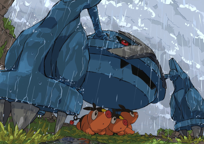 aomon_(yuuji7604) claws cover highres metagross no_humans outdoors pig pokemon pokemon_(creature) rain red_eyes tepig water_drop wet