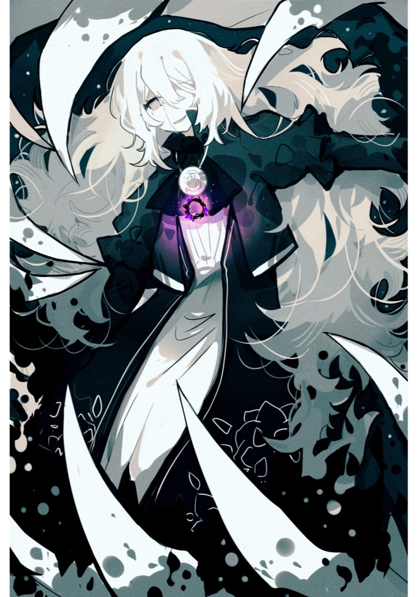 1girl aislan ascot catherine_(project_moon) claws dress every_catherine_(project_moon) flower hair_over_one_eye highres jewelry limbus_company monochrome necklace project_moon purple_flower solo spot_color teardrop tears white_hair