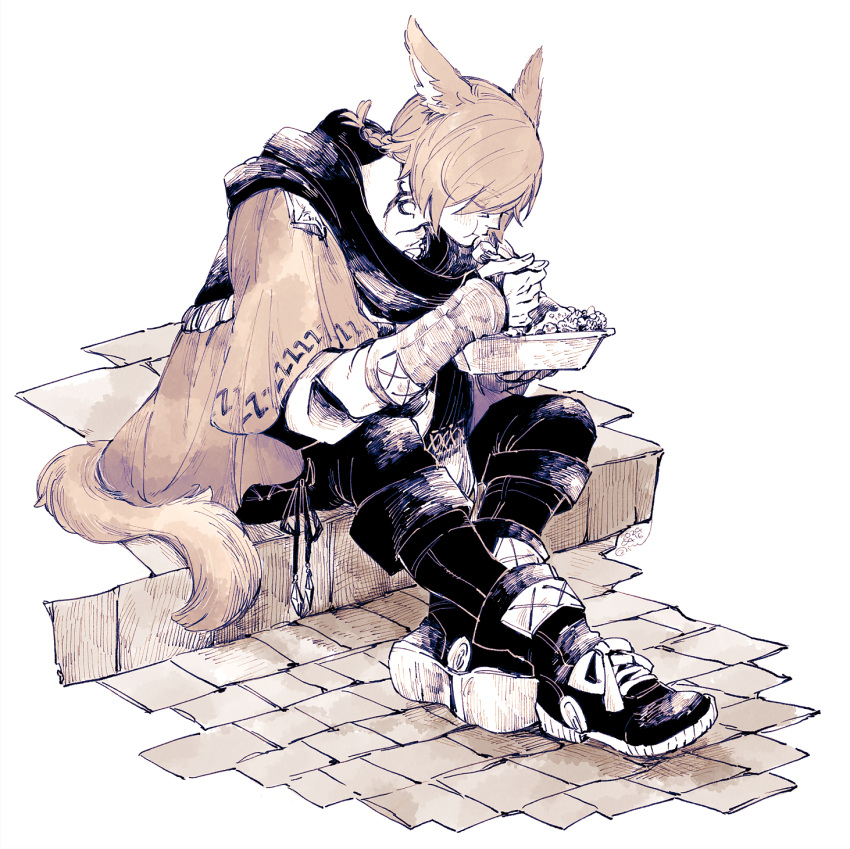 1boy :t animal_ears black_footwear black_pants black_scarf boots bowl bracer braid brown_hair brown_jacket cat_boy cat_ears cat_tail chewing closed_eyes crossed_ankles eating eyes_visible_through_hair facial_mark final_fantasy final_fantasy_xiv food fork from_side full_body g'raha_tia hatching_(texture) highres holding holding_bowl holding_fork itowff14 jacket knee_boots leaning_forward male_focus miqo'te monochrome neck_tattoo pants scarf sepia short_hair single_braid sitting solo tail tattoo white_background