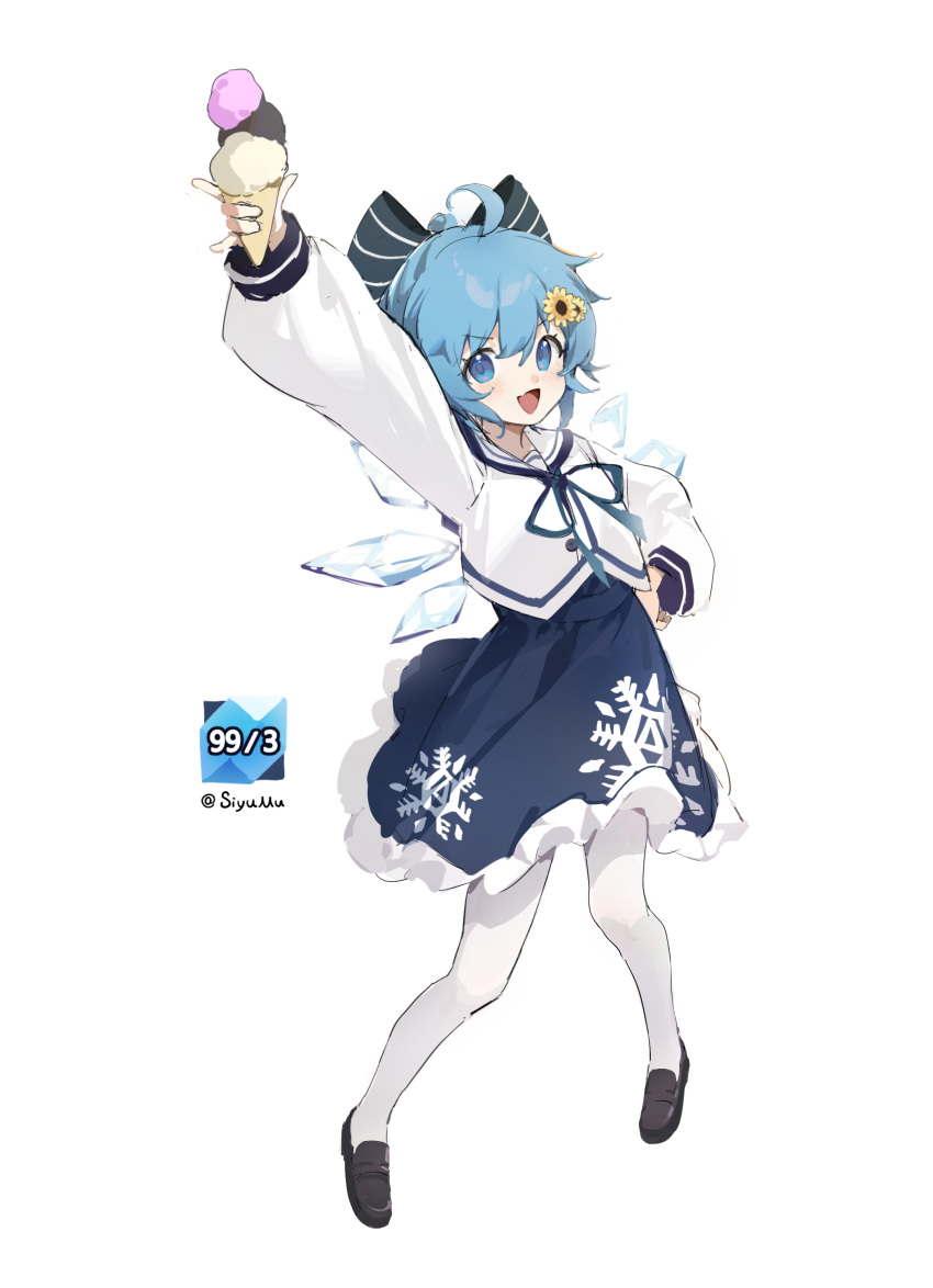 1girl absurdres ahoge alternate_costume arm_up black_footwear black_skirt blue_bow blue_eyes blue_hair blush bow cirno fairy fang food full_body hair_bow highres holding holding_food ice ice_wings long_sleeves open_mouth sailor_collar shoes short_hair simple_background siyumu skin_fang skirt smile solo touhou white_background white_sailor_collar wings
