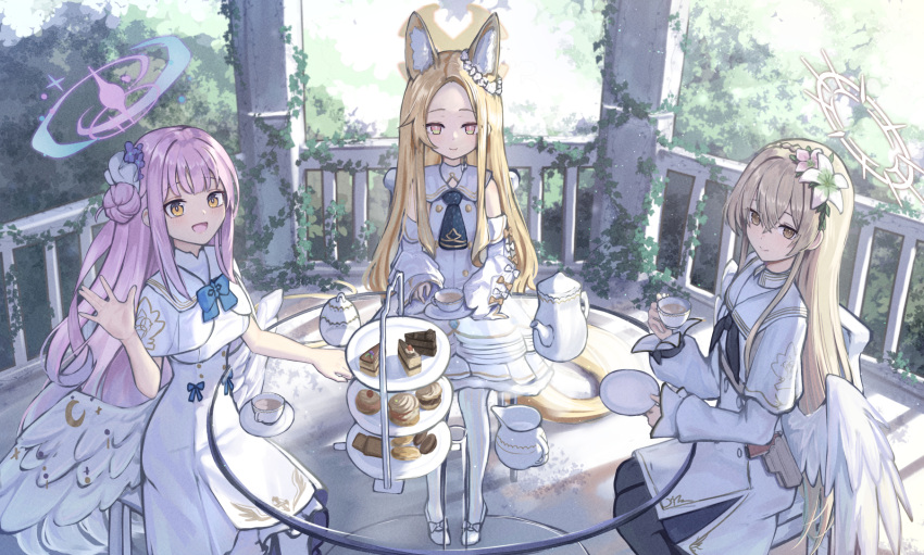 3girls 3ni3ni :d angel_wings animal_ear_fluff animal_ears black_neckerchief black_pantyhose blonde_hair blue_archive blue_bow bow breasts brown_eyes cake cake_slice capelet chair closed_mouth cruciform_halo cup detached_sleeves dress feathered_wings flower food fox_ears from_above gazebo glass_table hair_bun hair_flower hair_ornament halo hand_on_table hand_up highres holding holding_cup holding_saucer light_brown_hair long_hair long_sleeves looking_at_viewer low_wings mika_(blue_archive) multiple_girls nagisa_(blue_archive) neckerchief necktie pantyhose pink_hair pink_halo plant sailor_collar saucer seia_(blue_archive) sidelocks single_side_bun sitting sleeveless sleeveless_dress sleeves_past_fingers sleeves_past_wrists smile table tea_party_(blue_archive) teacup teapot tiered_tray very_long_hair waving white_capelet white_dress white_pantyhose white_sailor_collar white_wings wing_ornament wings yellow_eyes yellow_halo