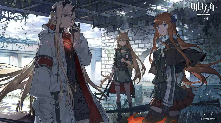 3girls animal_ears arknights bagpipe_(arknights) black_gloves blonde_hair breeze_(arknights) cane coat gloves green_eyes highres holding holding_cane holding_polearm holding_weapon horns lance lococo:p long_hair looking_at_viewer multiple_girls orange_hair polearm reed_(arknights) skirt tail violet_eyes weapon white_coat
