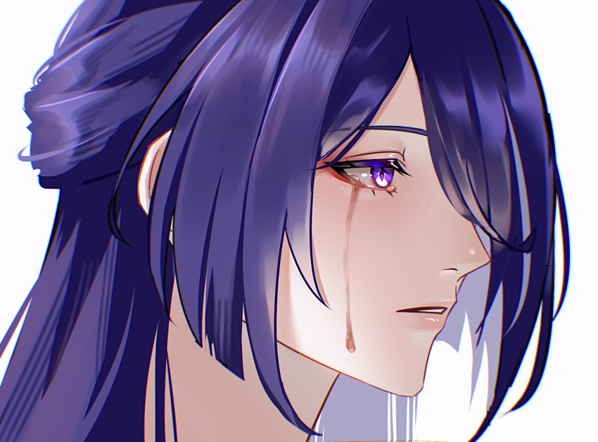 1girl acheron_(honkai:_star_rail) commentary crying crying_with_eyes_open highres honkai:_star_rail honkai_(series) long_hair mano_(mano_mano_5) parted_lips purple_hair simple_background solo tears violet_eyes white_background