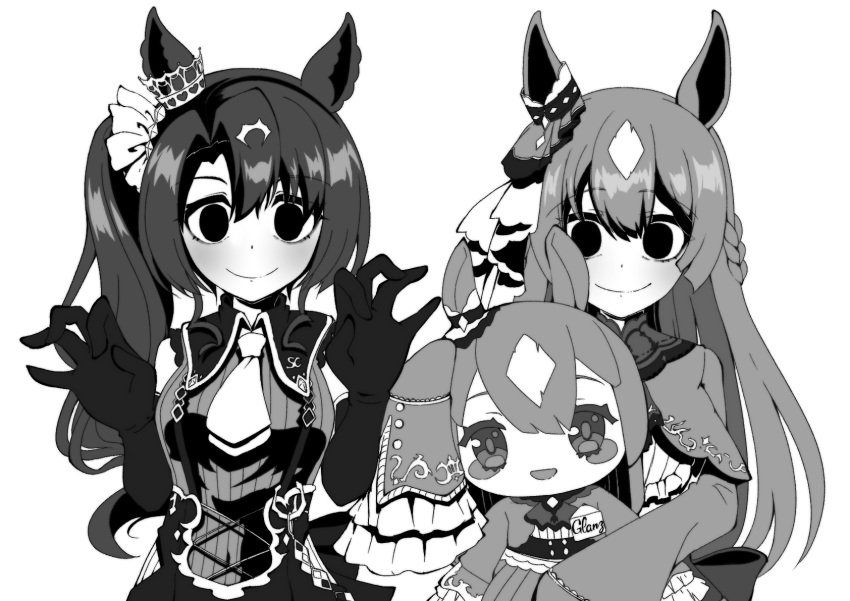 2girls animal_ears ascot blush_stickers braid character_doll commentary_request crazy_eyes crazy_smile crown_ornament doll doqute_stuffed_doll ear_ornament frilled_sleeves frills gloves greyscale hair_between_eyes highres holding holding_doll horse_ears horse_girl long_sleeves monochrome multicolored_hair multiple_girls necktie reaching reaching_towards_viewer satono_crown_(umamusume) satono_diamond_(umamusume) short_necktie side_ponytail sleeves_past_fingers sleeves_past_wrists smile spot_color stuffed_toy umamusume warabimochi_roona