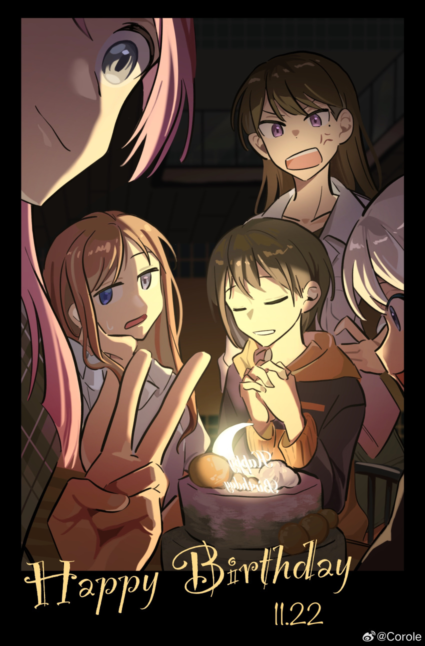 5girls absurdres anger_vein bang_dream! bang_dream!_it's_mygo!!!!! birthday_cake blue_eyes blue_hoodie brown_hair cake chihaya_anon chinese_commentary closed_eyes closed_mouth collared_shirt commentary_request crescent_moon dated food grey_eyes grey_hair happy_birthday highres hood hoodie kaname_raana long_hair long_sleeves mole mole_under_eye moon multiple_girls mygo!!!!!_(bang_dream!) nagasaki_soyo own_hands_together pink_hair shiina_taki shirt shouting sitting smile takamatsu_tomori v violet_eyes white_hair white_shirt yui_k_(yuik48074789)