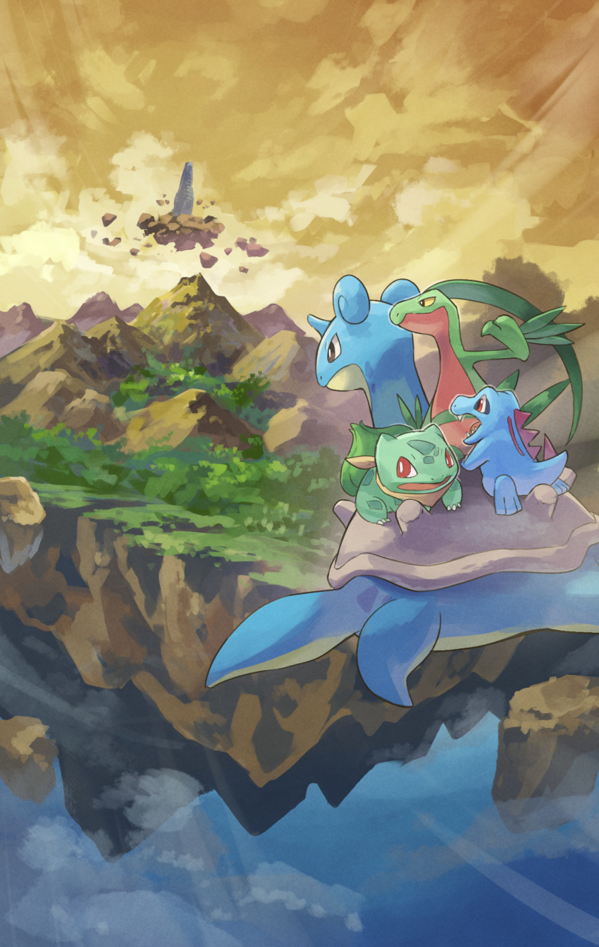 above_clouds animal_focus bulbasaur clouds cloudy_sky day floating_island floating_rock flying grass grovyle hakkentai_pokedan highres island landscape lapras no_humans outdoors pokemon pokemon_(creature) riding riding_pokemon sky totodile