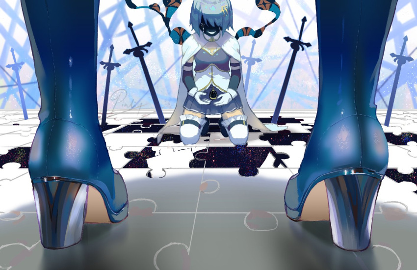 2girls between_legs blue_footwear blue_hair blue_skirt boots cape commentary detached_sleeves dual_persona english_commentary fortissimo from_behind full_body gloves hair_ornament high_heel_boots high_heels kneeling lower_body magical_girl mahou_shoujo_madoka_magica mahou_shoujo_madoka_magica_(anime) miki_sayaka multiple_girls musical_note musical_note_hair_ornament oktavia_von_seckendorff on_floor out_of_frame pinlin planted planted_sword pleated_skirt puzzle puzzle_piece short_hair sitting skirt soul_gem standing surreal sword tears thigh-highs weapon white_cape white_gloves white_thighhighs