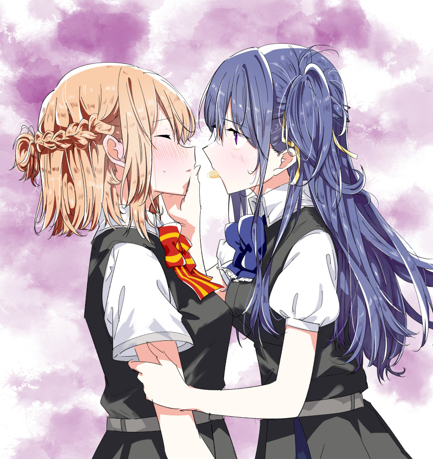 2girls absurdres black_dress blue_bow blue_bowtie blue_hair blush bow bowtie braid closed_eyes collared_shirt commentary_request dress enshu_suruga finger_to_another's_mouth food_in_mouth french_braid hair_ribbon hand_on_another's_arm hand_on_another's_face highres izumi_shiho kino_himari long_hair looking_at_another medium_hair multiple_girls one_side_up orange_hair parted_lips pinafore_dress purple_background red_bow red_bowtie ribbon sasayaku_you_ni_koi_wo_utau school_uniform shirt short_sleeves sleeveless sleeveless_dress sweatdrop two-tone_background upper_body violet_eyes white_background white_shirt yellow_ribbon yuri