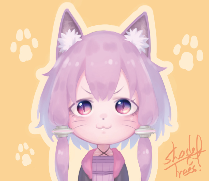 1girl :3 animal_ears animal_nose black_hoodie cat_ears cat_girl chibi closed_mouth criss-cross_halter dress facial_mark halter_dress halterneck hood hood_down hoodie kemonomimi_mode long_hair looking_at_viewer multicolored_eyes open_clothes open_hoodie outline paw_print paw_print_background pink_eyes purple_dress purple_hair shade_of_trees short_hair_with_long_locks sidelocks simple_background slit_pupils solo straight-on upper_body v-shaped_eyebrows violet_eyes vocaloid voiceroid whisker_markings yellow_background yellow_outline yuzuki_yukari