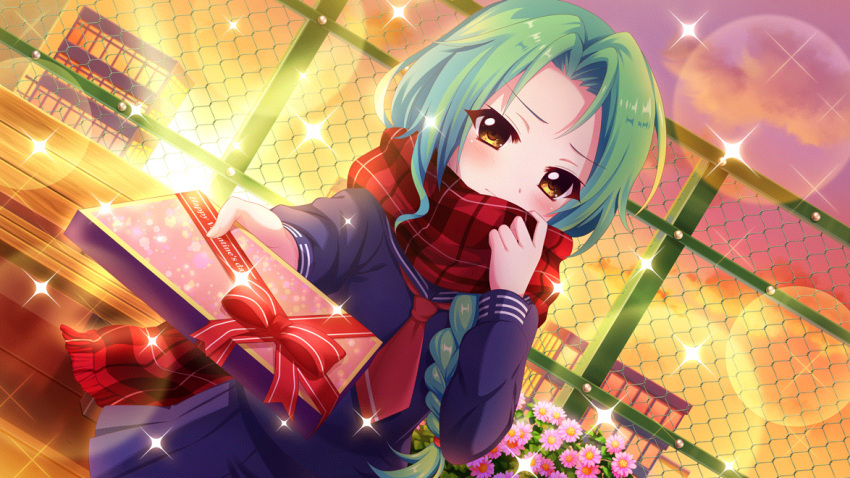 1girl bench blue_serafuku blue_skirt blush bow box braid building chain-link_fence closed_mouth clouds dot_nose dutch_angle evening fence film_grain flower flower_bed forehead game_cg gift gift_box green_hair hand_up happy_valentine holding holding_box holding_gift incoming_gift izumi_tsubasu lens_flare long_braid long_sleeves necktie non-web_source official_art orange_sky outdoors outstretched_arm pink_flower plaid plaid_scarf purple_sky re:stage! red_bow red_necktie red_ribbon red_scarf ribbon scarf school_uniform serafuku shirokita_kuroha single_braid skirt sky solo sparkle sunset valentine winter_uniform wooden_bench yellow_eyes