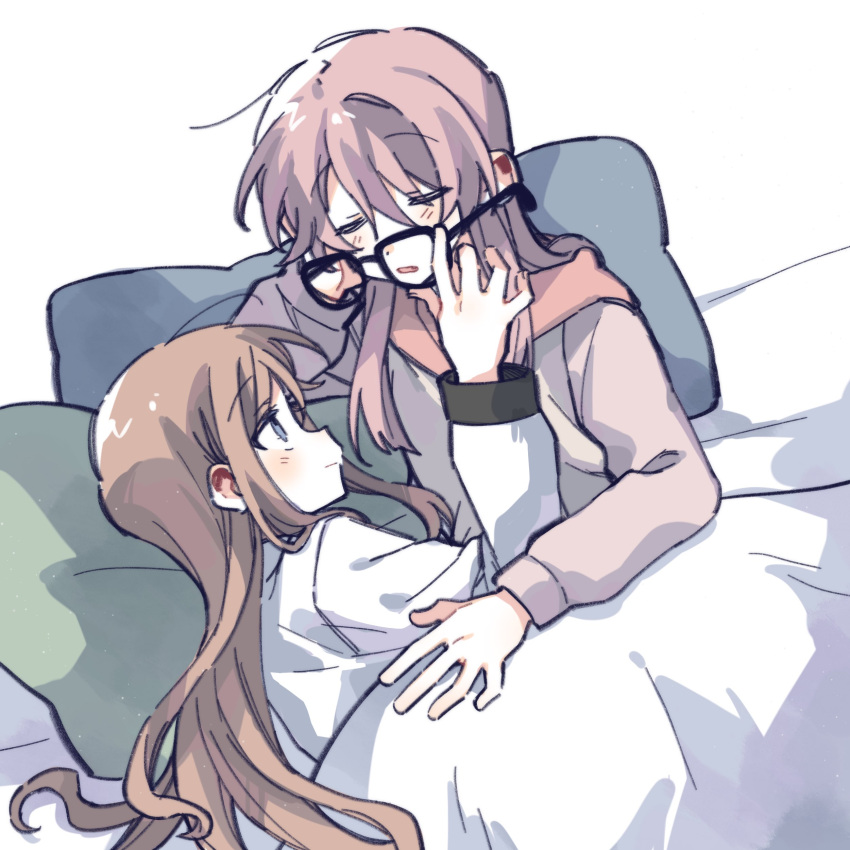 2girls absurdres artist_request bang_dream! bang_dream!_it's_mygo!!!!! blue_eyes blush brown_hair chihaya_anon closed_eyes closed_mouth commission glasses highres hood hoodie long_hair multiple_girls nagasaki_soyo pajamas parted_lips pillow pink_hair pink_hoodie second-party_source shirt simple_background smile under_covers white_background white_shirt yuri