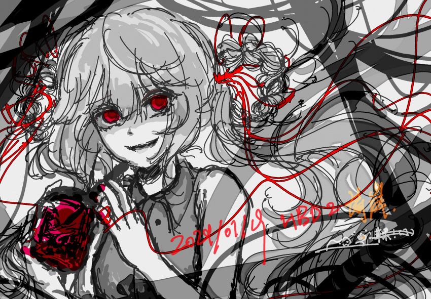 1girl :d alternate_costume alternate_eye_color character_name chinese_commentary collared_shirt commentary dated english_commentary fantasy_shinnie happy_birthday highres limited_palette long_hair looking_at_viewer mixed-language_commentary red_eyes shian_(synthesizer_v) shirt signature sketch sleeveless smile solo synthesizer_v twintails