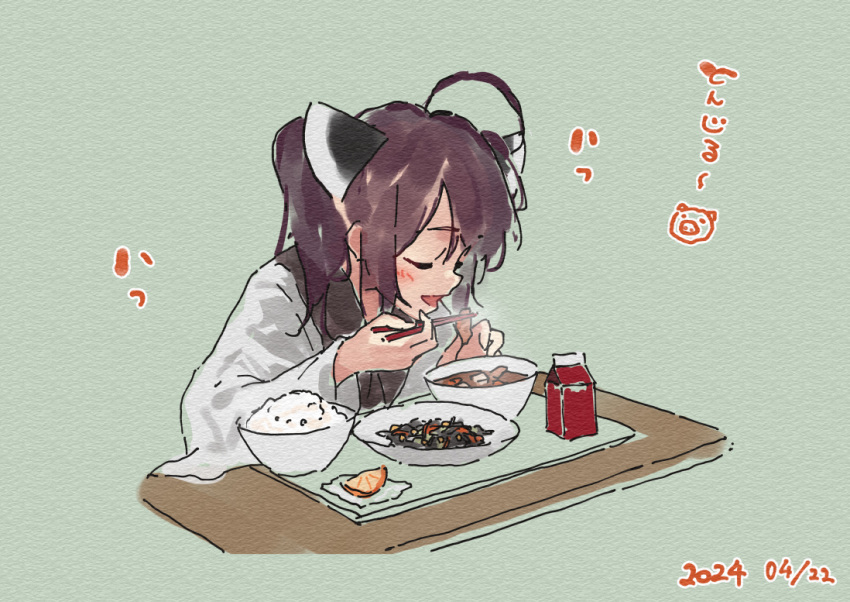 1girl :d ahoge blush bowl brown_hair chopsticks closed_eyes commentary_request dated food food_request green_background headgear holding holding_chopsticks japanese_clothes kimono lamb_(hitsujiniku) long_sleeves plate rice simple_background smile solo table touhoku_kiritan translation_request twintails upper_body voiceroid white_kimono wide_sleeves