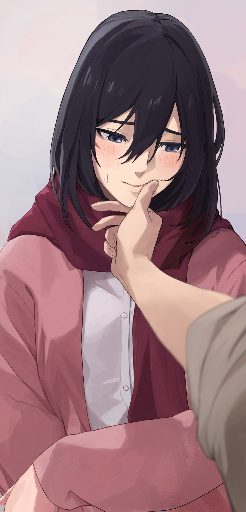 1girl 1other absurdres averting_eyes black_hair blush closed_mouth commentary_request darao_(daradara_suyaaa) embarrassed finger_to_another's_mouth gradient_background grey_eyes hair_between_eyes hand_on_another's_chin highres jacket long_hair long_sleeves looking_down mikasa_ackerman open_clothes open_jacket pink_jacket pov pov_hands red_scarf scar scar_on_cheek scar_on_face scarf shingeki_no_kyojin shirt shy sleeves_rolled_up sweatdrop upper_body white_shirt