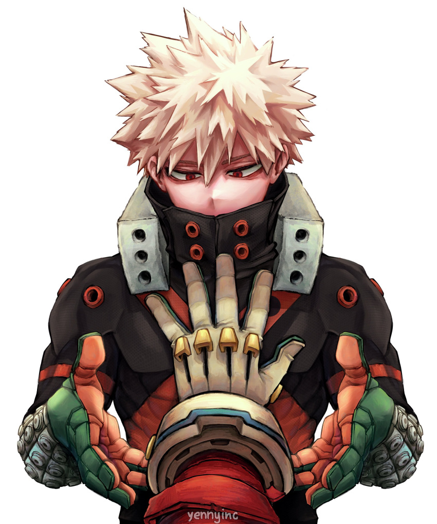 2boys absurdres artist_name bags_under_eyes bakugou_katsuki blonde_hair boku_no_hero_academia commentary gloves green_gloves grey_gloves hair_between_eyes halftone hand_on_another's_chest hand_up hands_up high_collar highres looking_at_hand looking_down male_focus midoriya_izuku multiple_boys narrowed_eyes orange_gloves out_of_frame outstretched_arm outstretched_hand pov reaching_towards_another red_eyes short_hair simple_background single_horizontal_stripe solo_focus spiky_hair straight-on symbol-only_commentary toned toned_male two-tone_gloves upper_body white_background wrist_guards x yenny_(yennyinc)