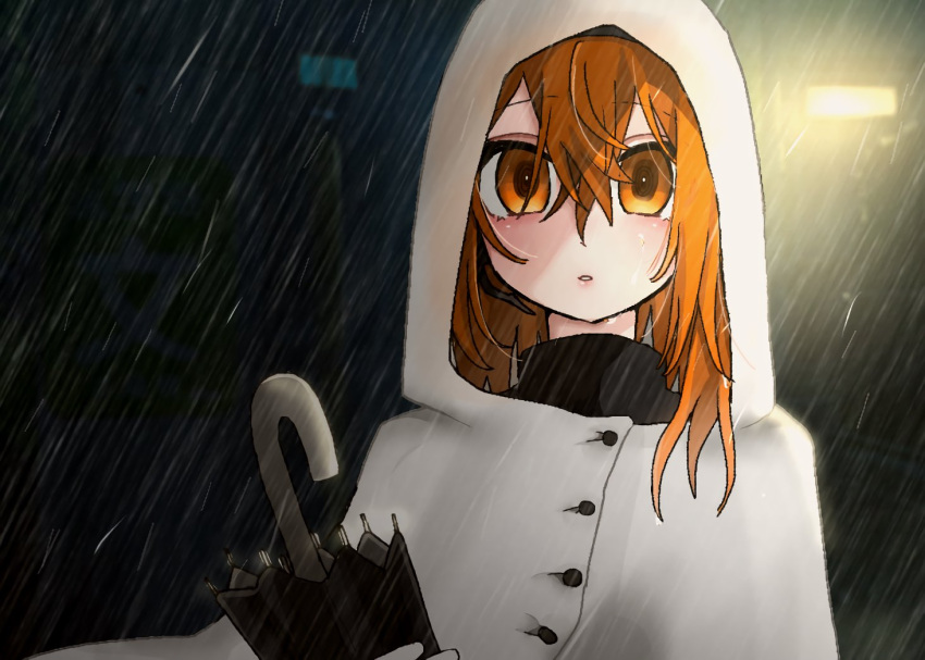 1girl a.i._voice adachi_rei buttons closed_umbrella coat commentary_request hair_between_eyes holding holding_umbrella hood hood_up lens_eye looking_at_viewer night orange_eyes orange_hair outdoors parted_lips rain raincoat solo umbrella upper_body utau white_coat yano_0o0